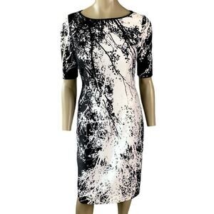 Tahari ASL Shift Dress Stretchy Short Sleeve Size 4 Black White Trees Print
